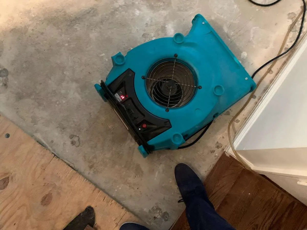 Air mover drying subfloor during Commercial Water Damage Restoration in Arnold